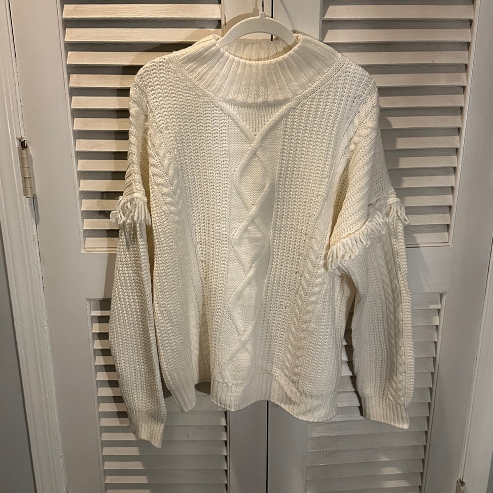 Time and Tru Cream Turtleneck Sweater with Tassel Sleeve